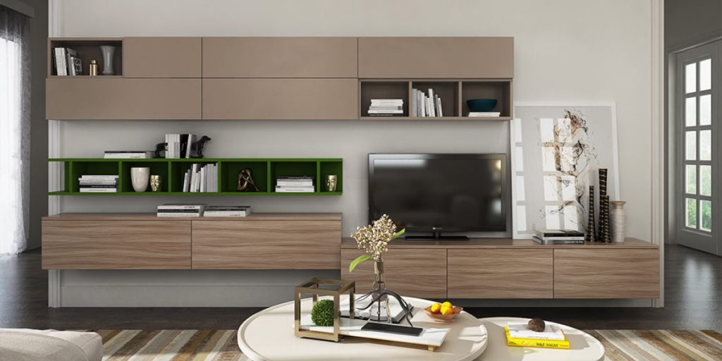 wooden shelves as decor element of living room
