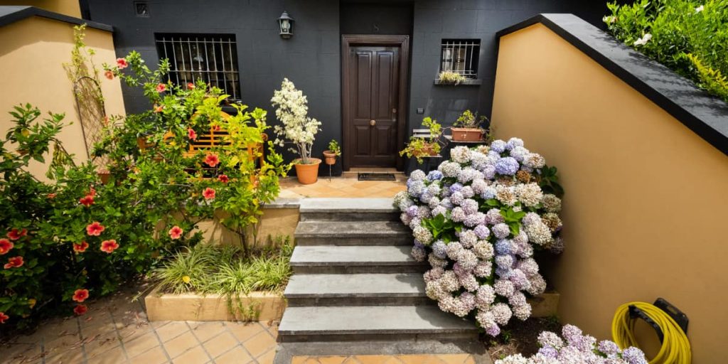 front yard decorated with flowers