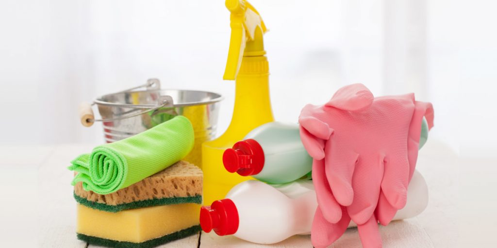 cleaning supplies on white background