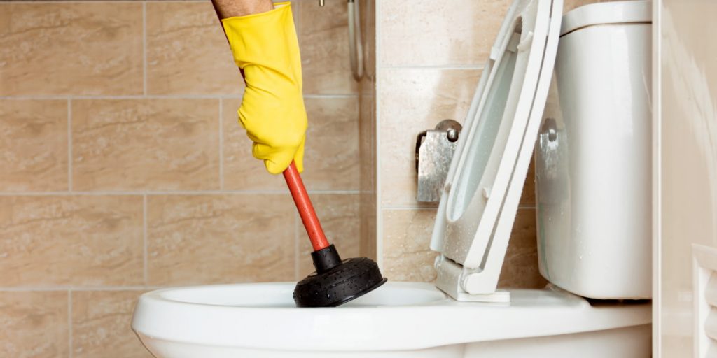 cleaning a clogged toilet with a plunger