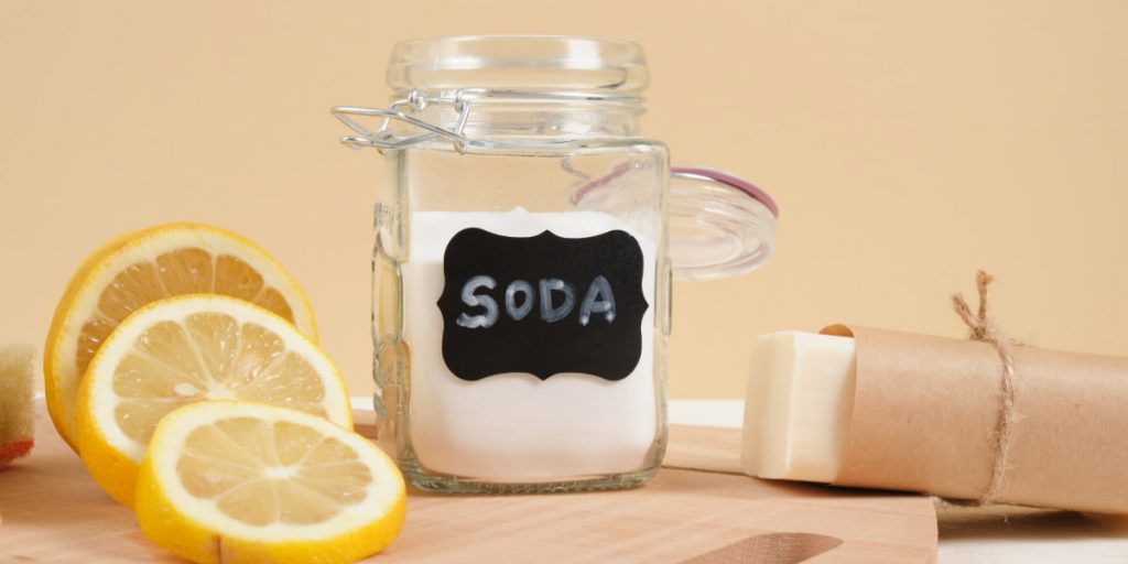 soda lemon and soap as a solution for cleaning bathrooms