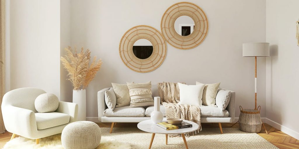 decor idea with mirrors for long wall